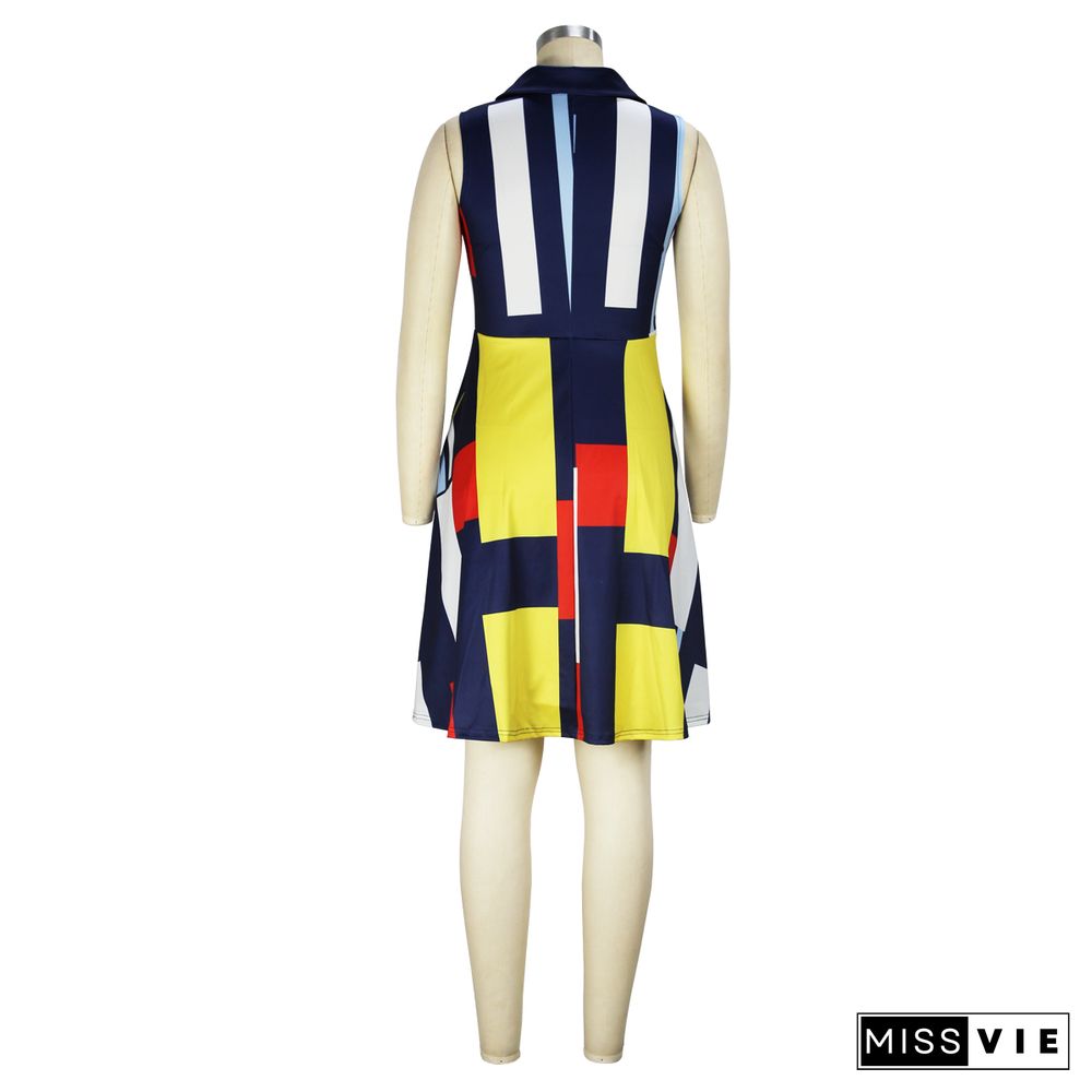 Color Block Print Sleeveless Elegant Dresses