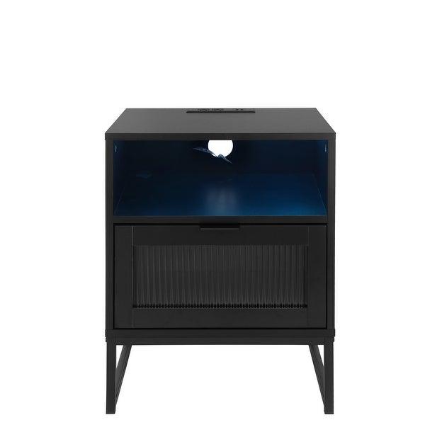 Nightstand with LED Lights Drawer， Black Bedside Table for Bedroom