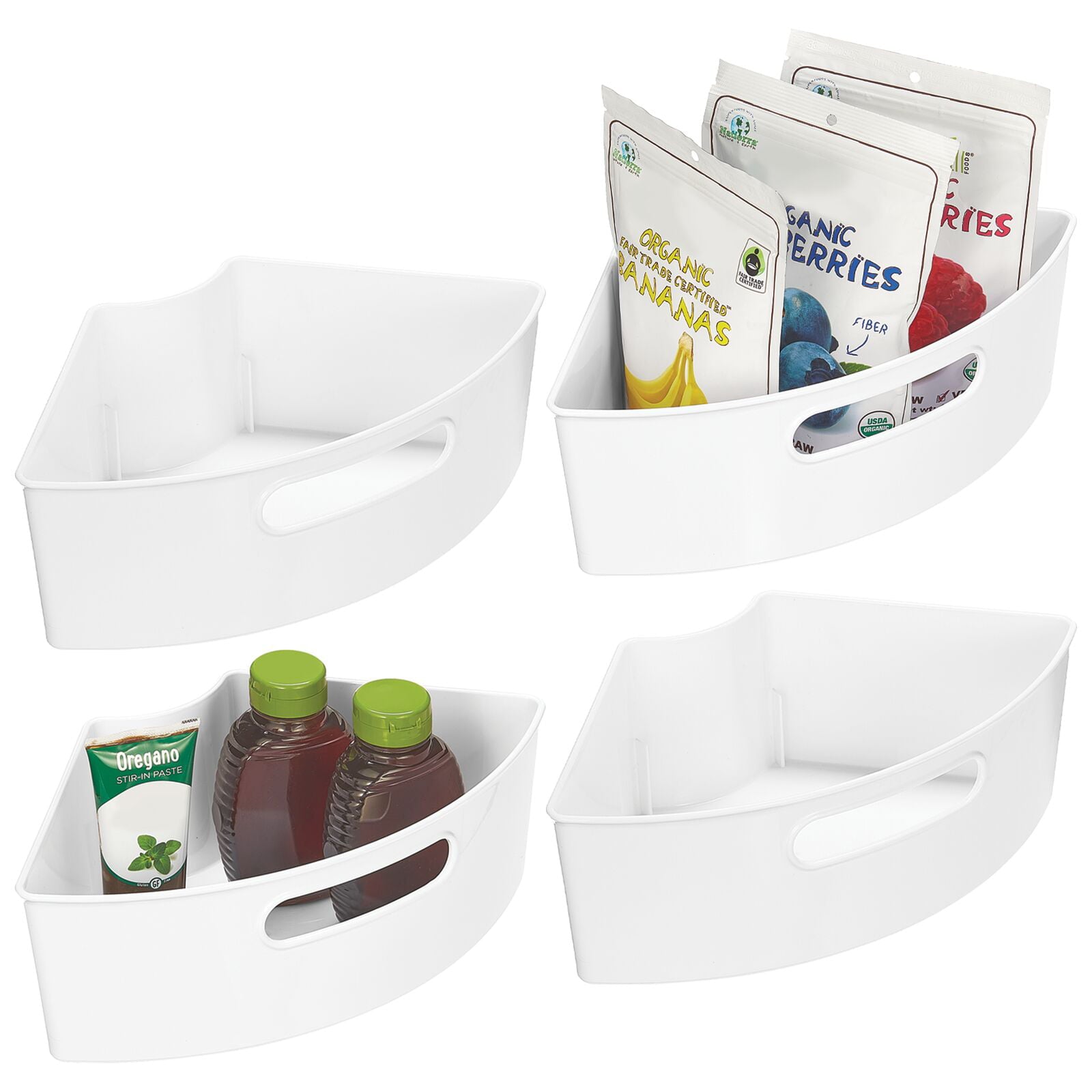 mDesign Plastic Lazy Susan Cabinet Storage Bin with Front Handle for Kitchen Countertop， Pantry， Shelf， Fridge Organization - Hold Food， Drinks， Snacks - Ligne Collection - 4 Pack - White