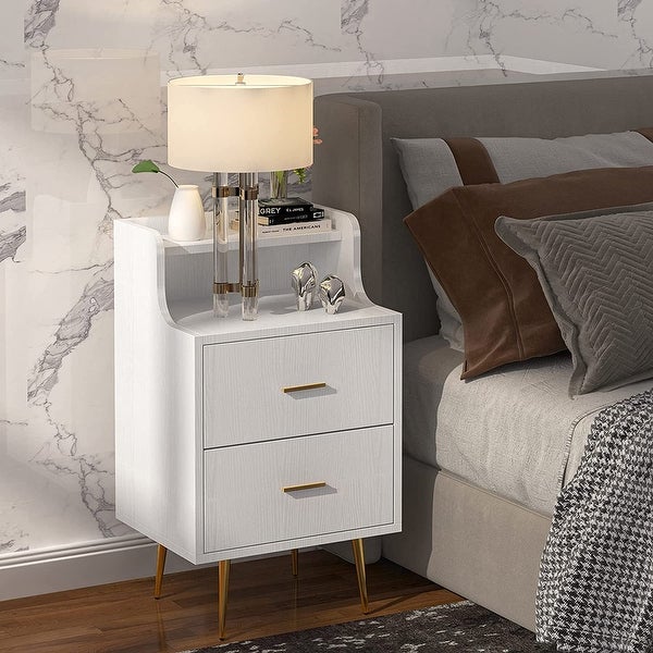 2 Drawer Nightstand Modern Bedside Table with Golden Metal Legs