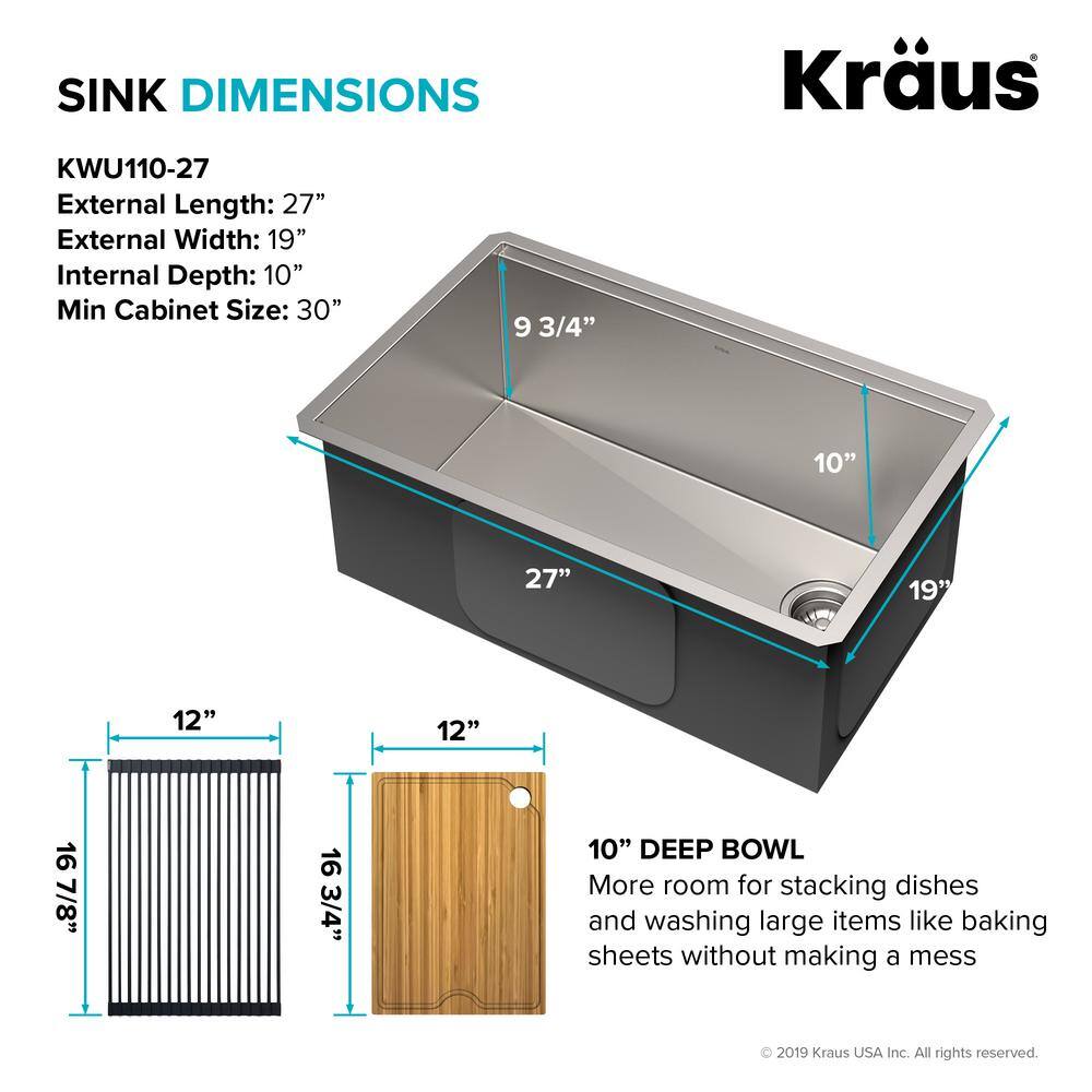 KRAUS Kore Workstation 27 in. 16-Gauge Undermount Single Bowl Stainless Steel Kitchen Sink with Accessories KWU110-27