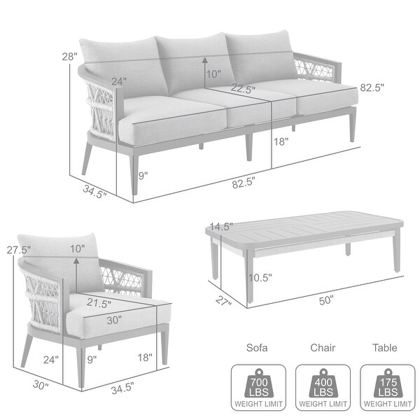 Zella Outdoor Patio 4 Piece Conversation Set in Aluminum with Light Gray Rope and Cushions