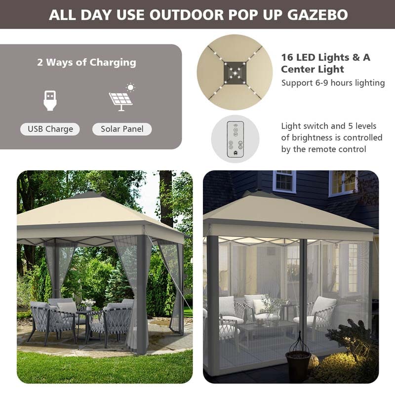 11 x 11 FT Pop-Up Gazebo Tent Portable Canopy Shelter with Carry Bag & Mesh Netting & LED Lights