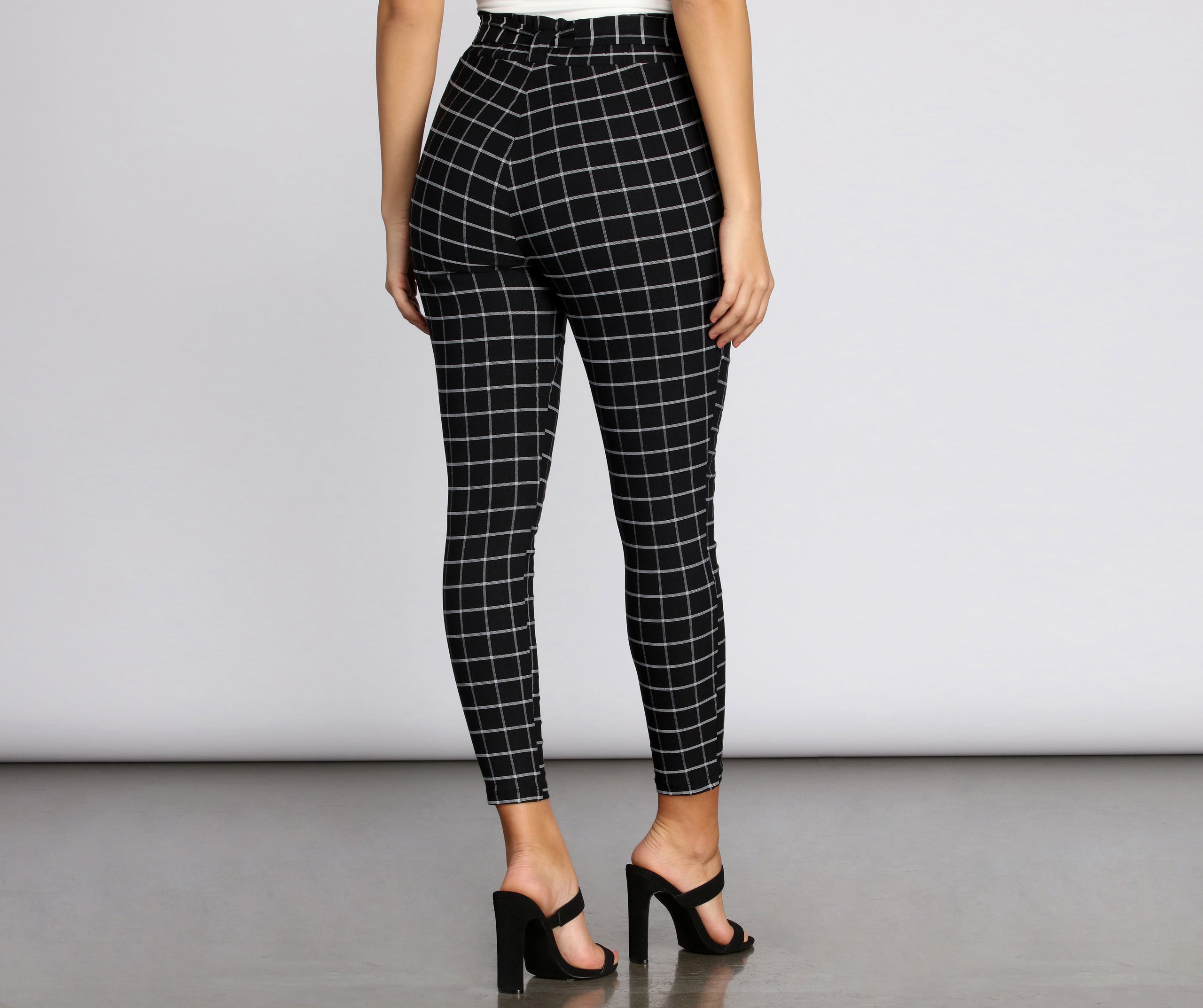 Plaid Paper Bag Tie Waist Skinny Pants