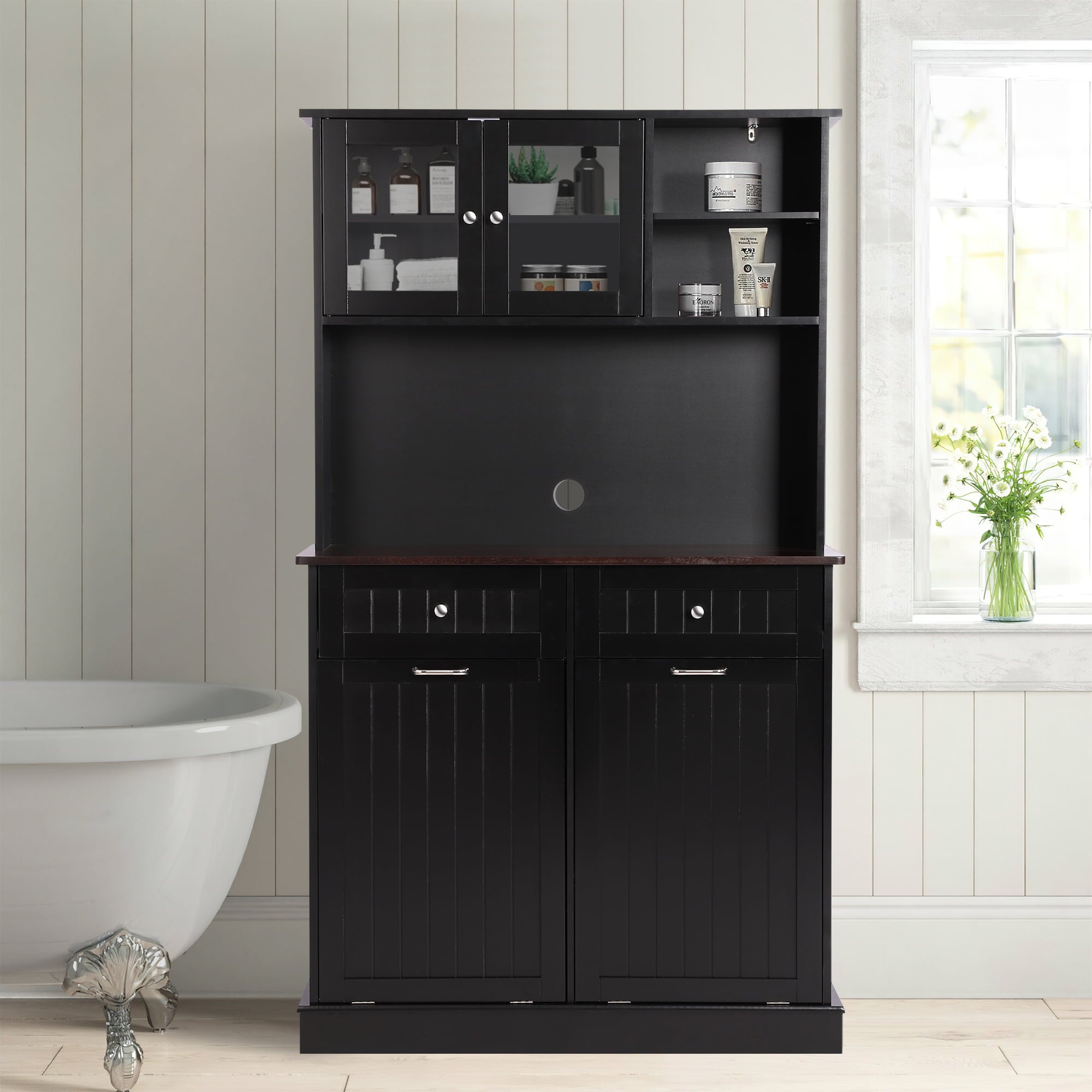 KIGOTY 67.7 Kitchen Pantry Cabinet Wooden Cabinet Bathroom Storage Cabinet Free Standing Recycling Cabinet with 2 Wood Hidden Holder Black