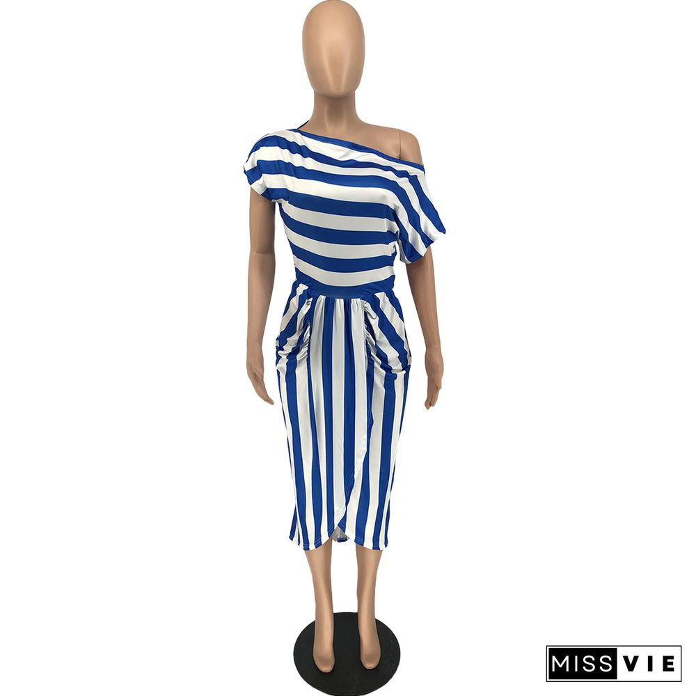 Fashion Stripe Printed Short Sleeve Skinny Irregular Midi Dress