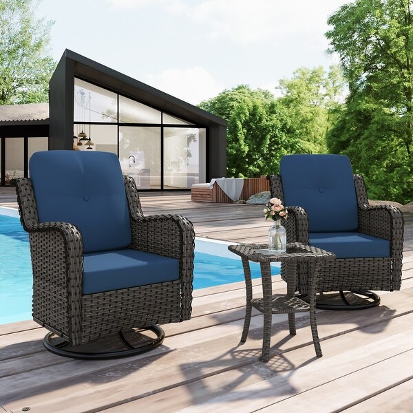 Outdoor 3 Pieces Rattan Wicker Bistro Set Swivel Rocker With Cushion and Table