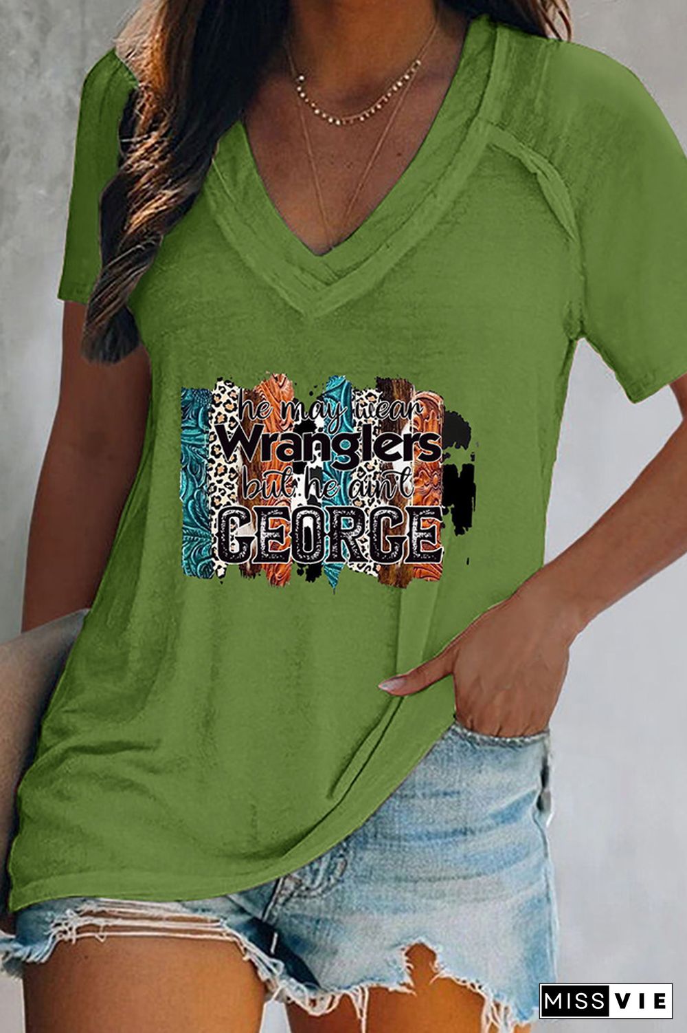 V Neck Western Print Graphic Tee