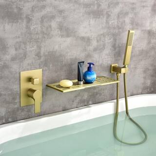 FLG Single-Handle Wall Mount Roman Tub Faucet with Hand Shower Brass Waterfall Bath Tub Filler with Sprayer in Brushed Gold SS-0199-BG