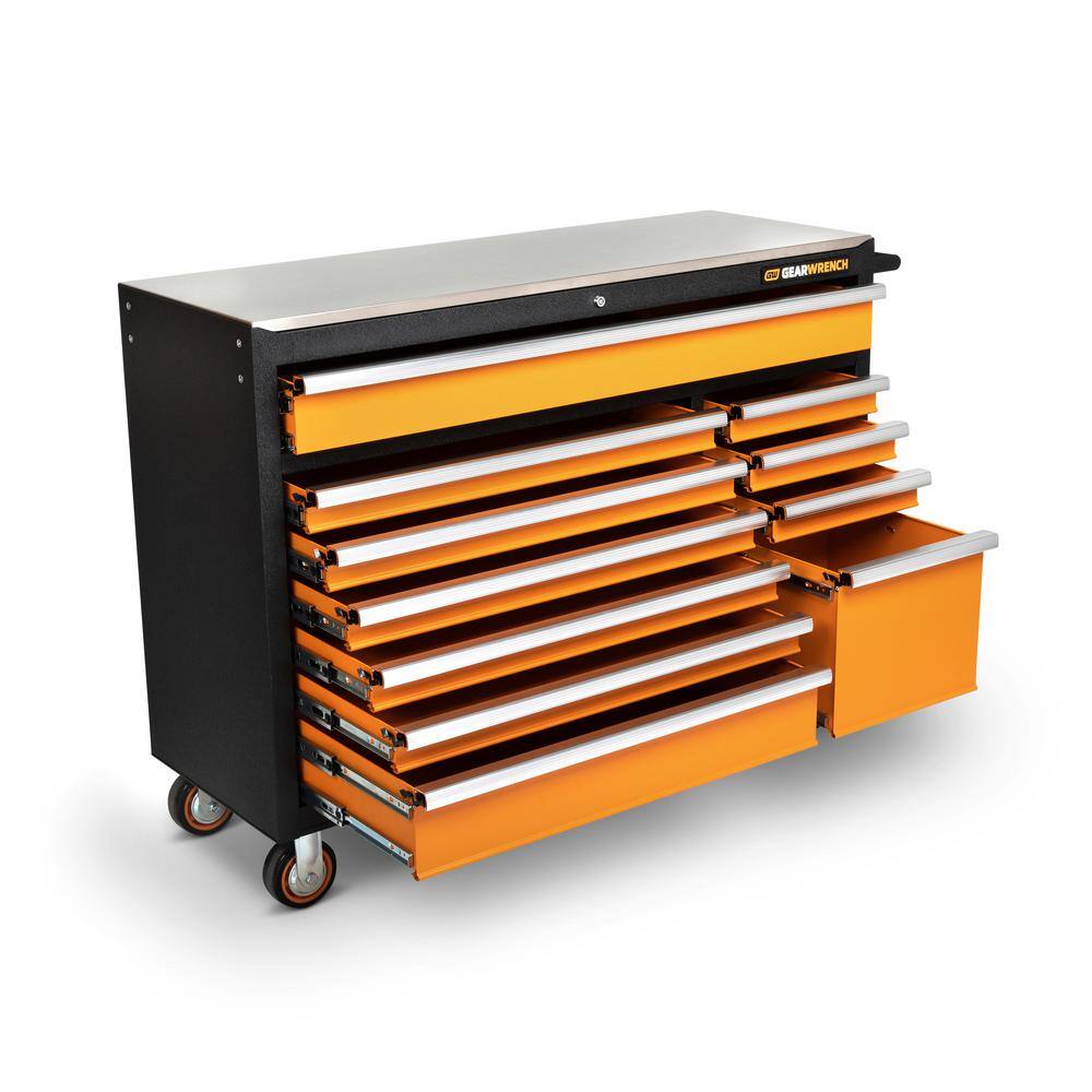 GEARWRENCH GSX 52 in. x 18 in. 11-Drawer Orange and Black Powder Coated Steel Rolling Tool Cabinet with Stainless Steel Worktop 83247