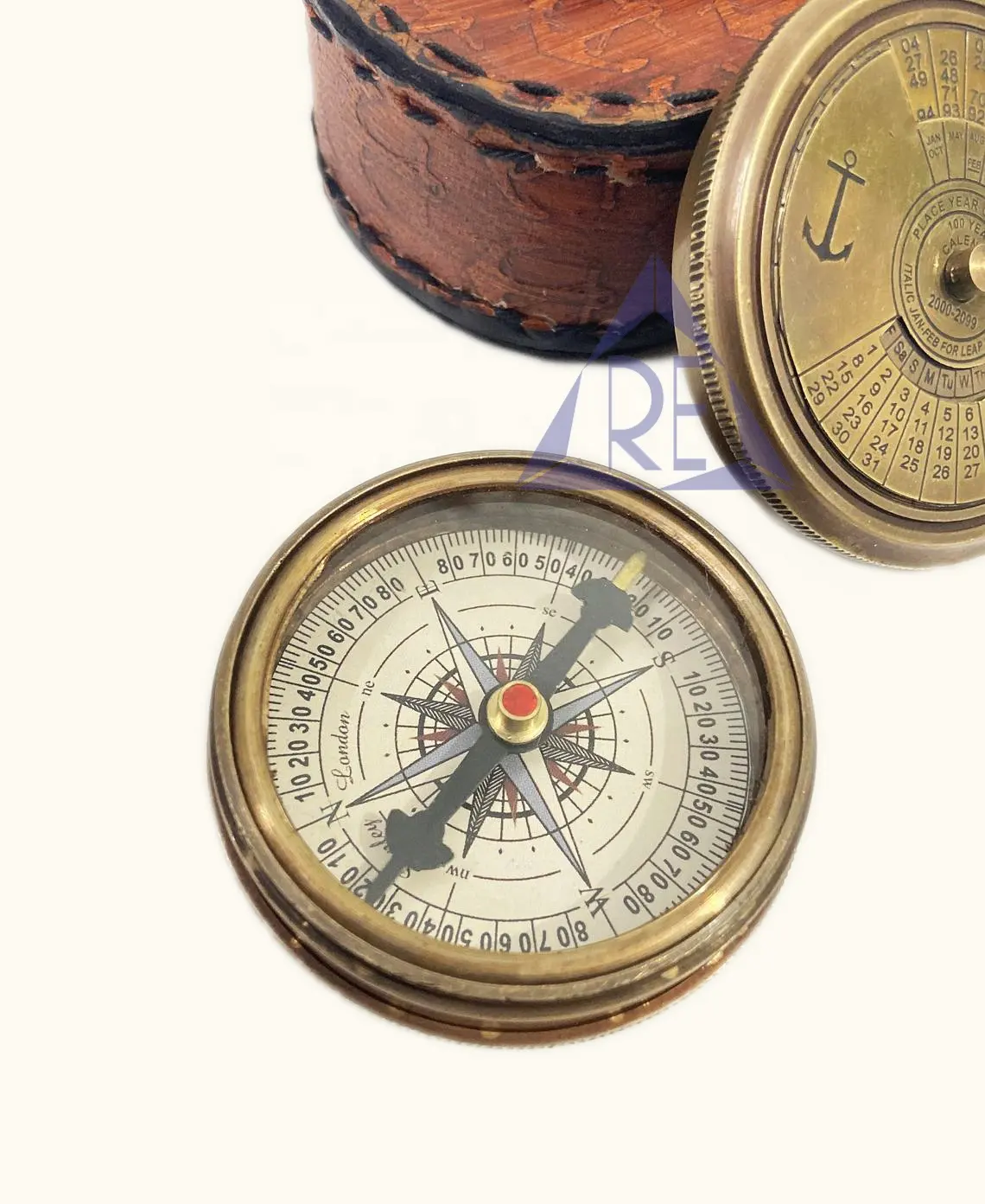 Brass Unique Calendar Sundial Compass with Leather Case  Handmade Gift Functional Compass Gift birthday gift