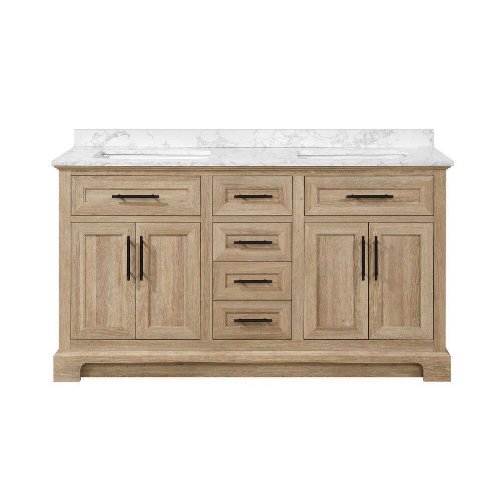 Home Decorators Collection Doveton 60 in. W x 19 in. D x 34.50 in. H Bath Vanity in Weathered Tan with White Cultured Marble Top Doveton 60WT