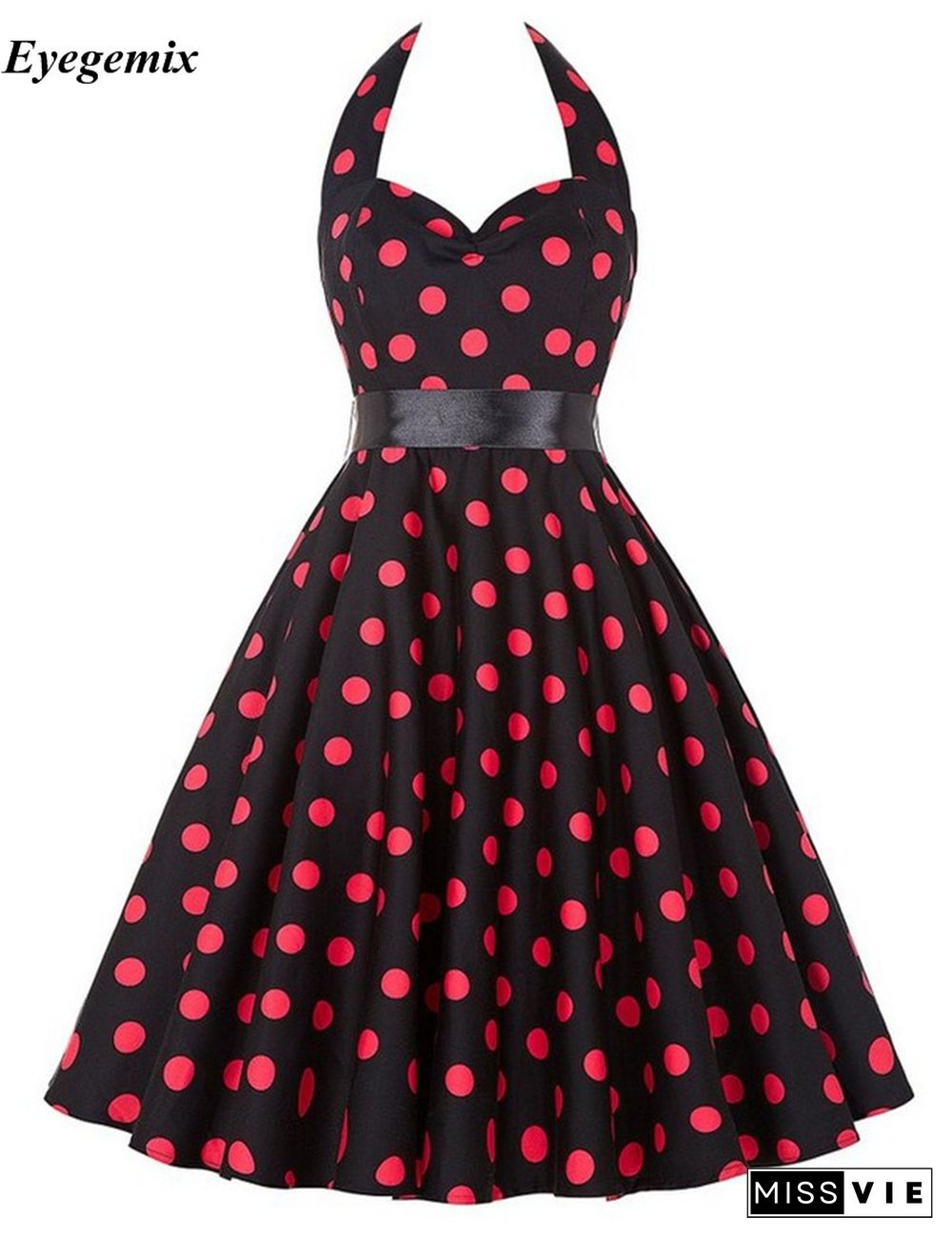 Women Polka Dot Print Summer Dress Sexy Retro White Black Halter Vintage Dress Robe Femme Pin Up 50S 60s Rockabilly Party Dress