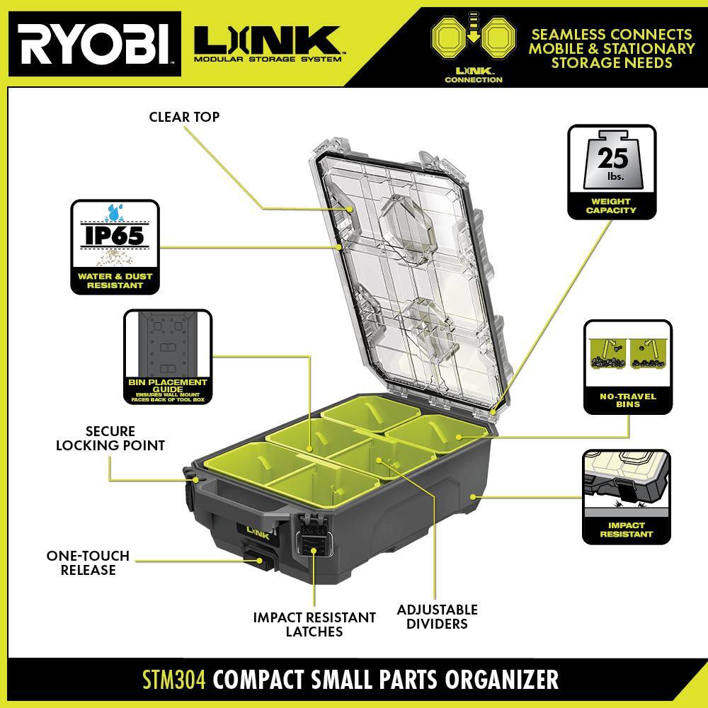 RYOBI LINK Compact 6-Compartment Modular Small Parts Organizer Tool Box STM304