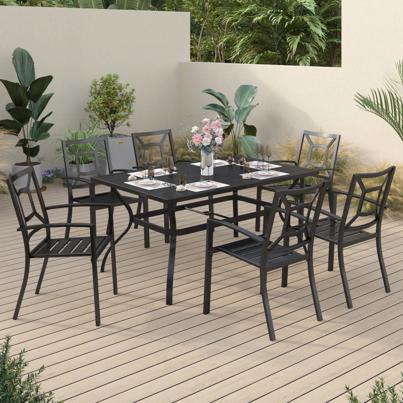 Sophia & William 7 Piece Metal Outdoor Patio Dining Bistro Sets Outdoor, 6 Seating Capacity,Black