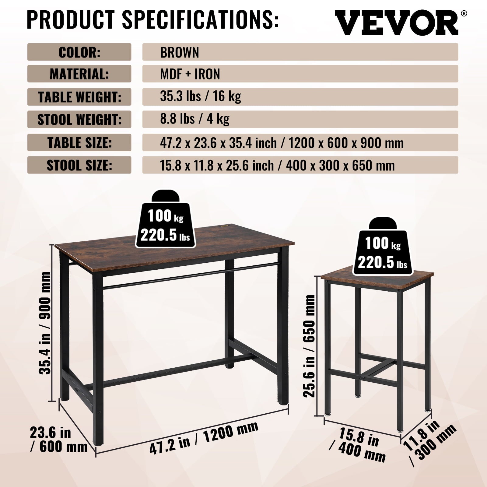 VEVOR Bar Table Set, 47 Bar Table and Chairs Set, Pub Table Set w/ 4 Stools, Iron Frame Counter Height Dining Sets, 5 Piece Saving Space Dining Table Set for Home, Kitchen, Living Room, Rustic Brown