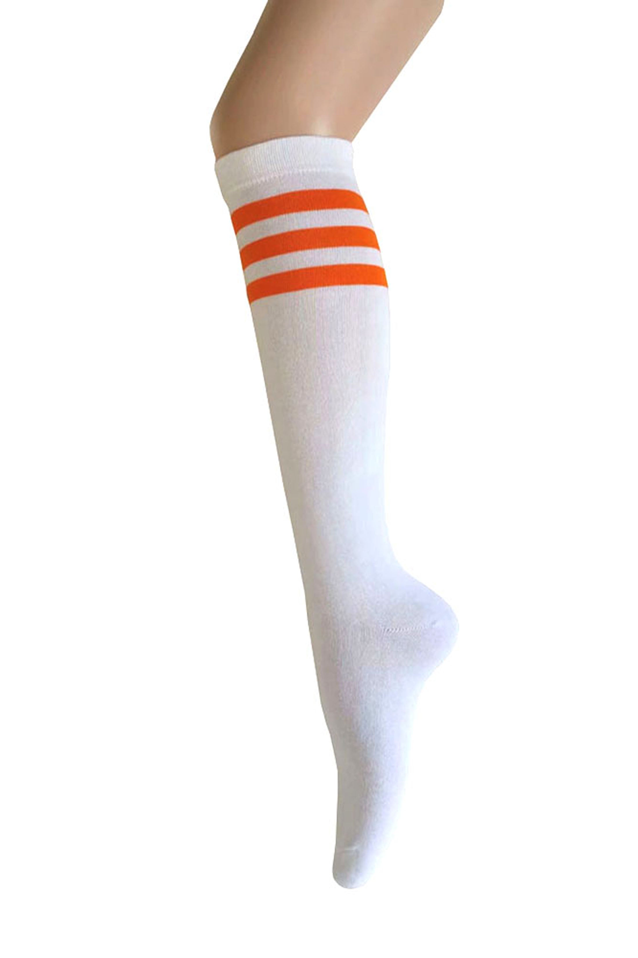 Women and Girls Roller Skate Retro Triple Stripes Tube Knee High Socks In Black with Orange Color