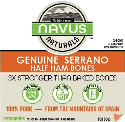 Navus Naturals Genuine Serrano Half Ham Bone Dog Treats， 2 count