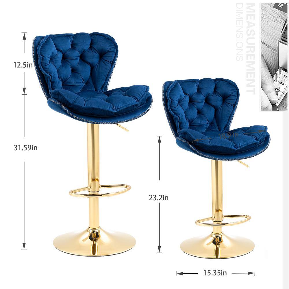 HOMEFUN 44 in. Navy Blue Velvet Swivel Low Back Matal Frame Adjustable Cushioned Counter Height Bar Stool (Set of 2) HFHDSN-883NY-2