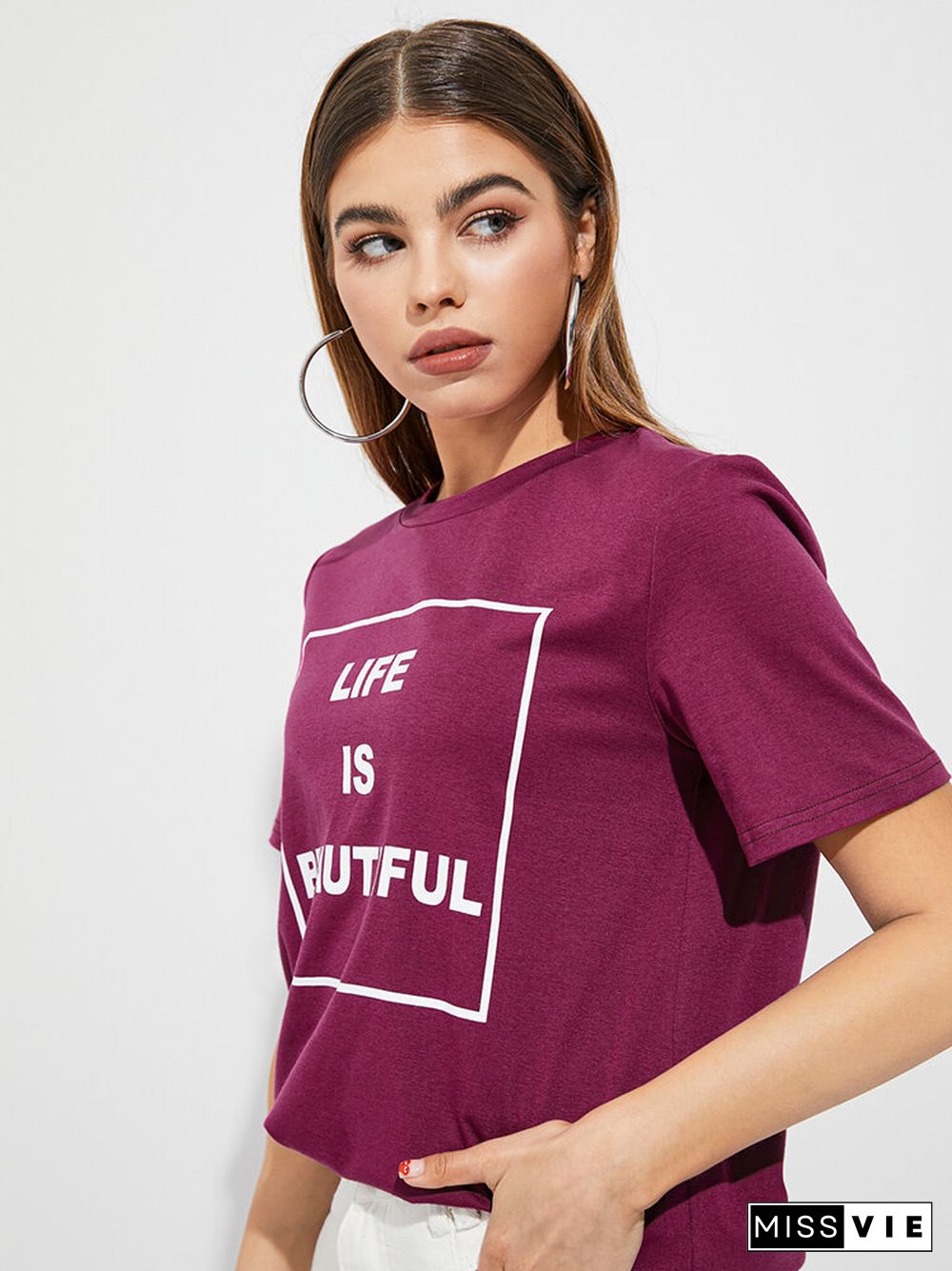 Slogan Print Short Sleeve Crew Neck Casual T-shirt