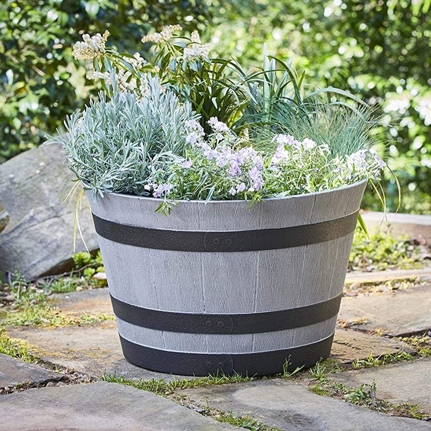 Southern Patio HDR-055457 Resin Whiskey Barrel Indoor Outdoor Garden Planter Pot for Vegetables, Trees, Plants, and Flowers, Gray 3 Pack