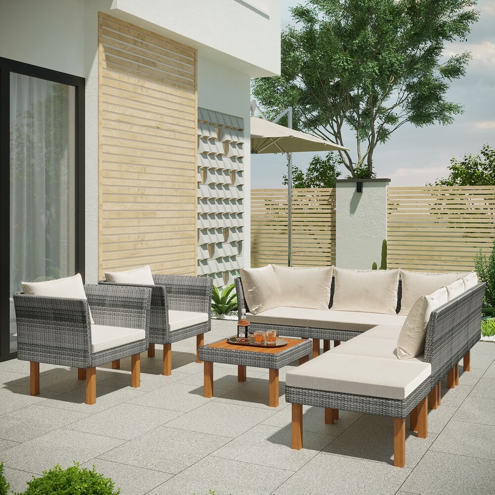 9 Piece Outdoor Patio Garden Wicker Sofa Set  Gray PE Rattan Sofa Set  with Wood Legs  Acacia Wood Tabletop  Armrest Chairs