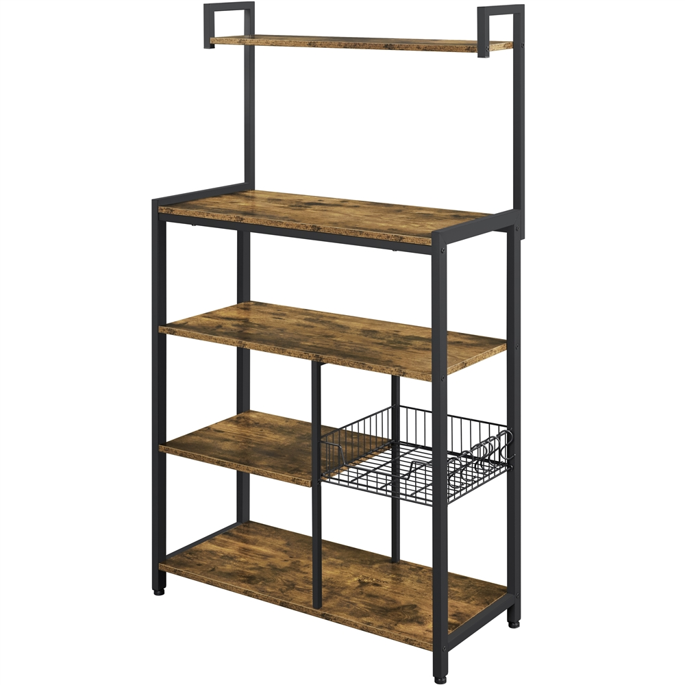 Yaheetech Industrial Baker's Rack With 4 Storage Shelves and 6 Hooks For Kitchen， Rustic Brown