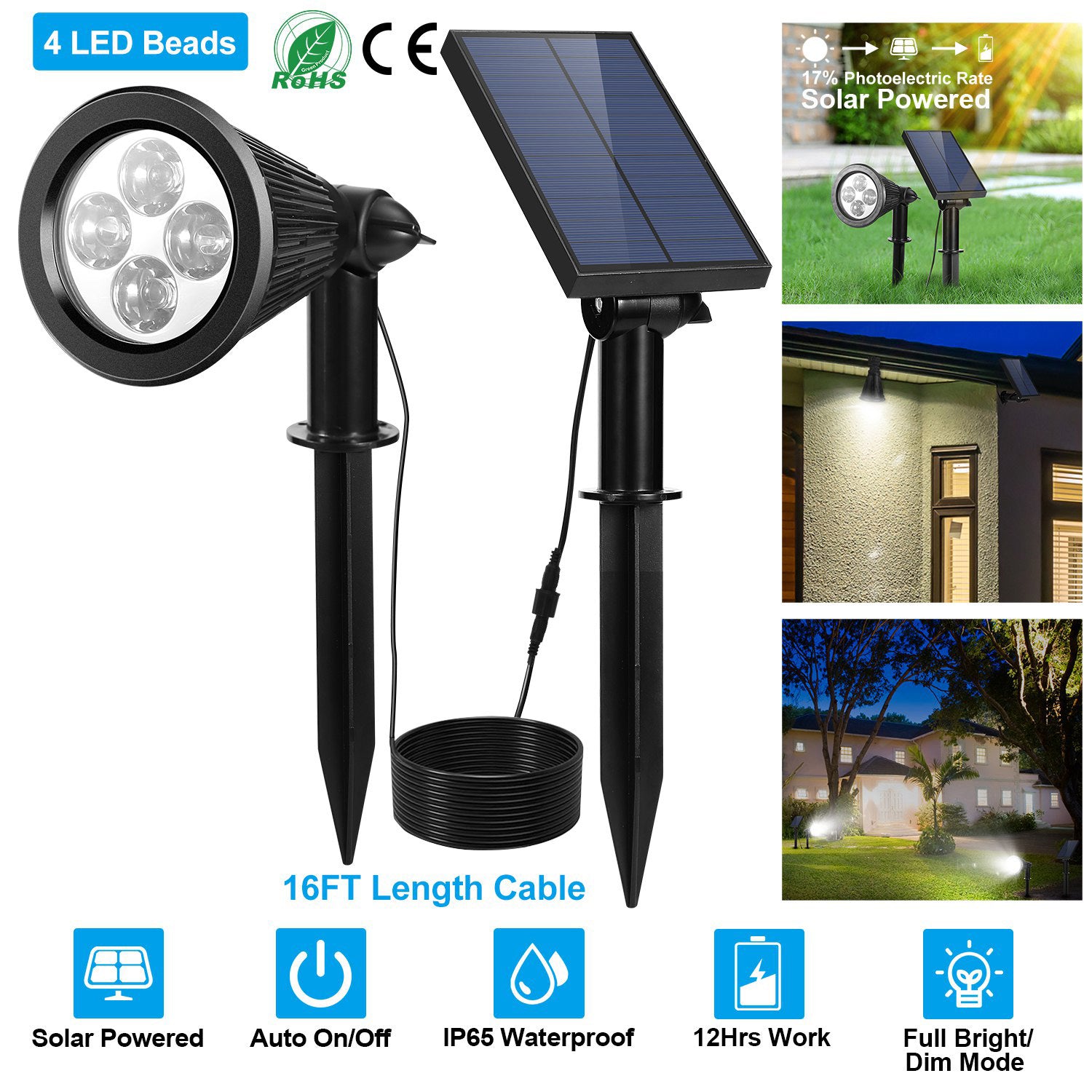 iMountek Solar Powered Spotlight Outdoor Dusk To Dawn Light Wall Path Lawn Garden Lamp Waterproof