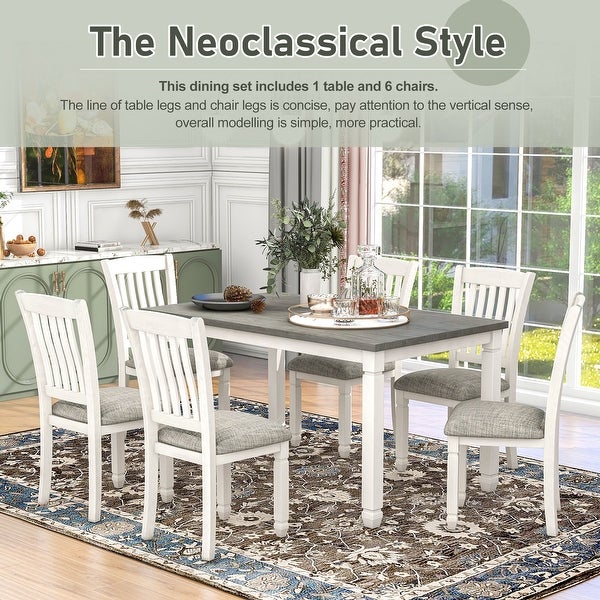 Wood Dining Table and 6 Upholstered Chairs (Gray+White)