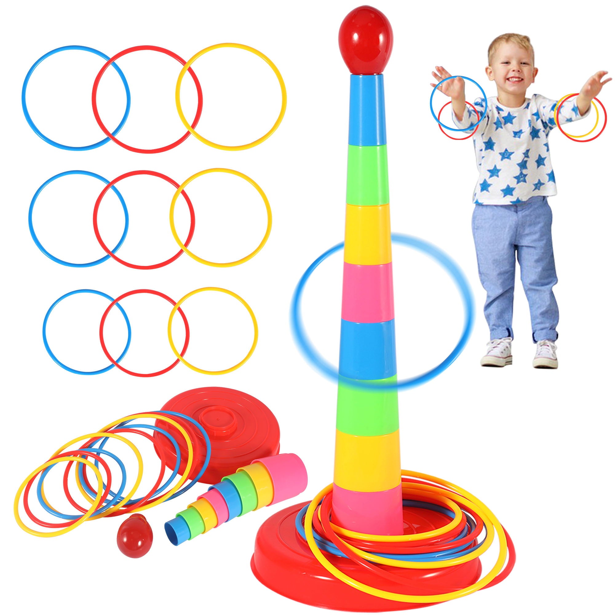 18" Ring Toss Game Set for Kids, Sport ring toss game for adults Rainbow & Stacking & Nesting Cups Baby Building Set | 8 Pieces Cups & 8 Throwing Hoop for Kids All Age Indoor Outdoor Family Games