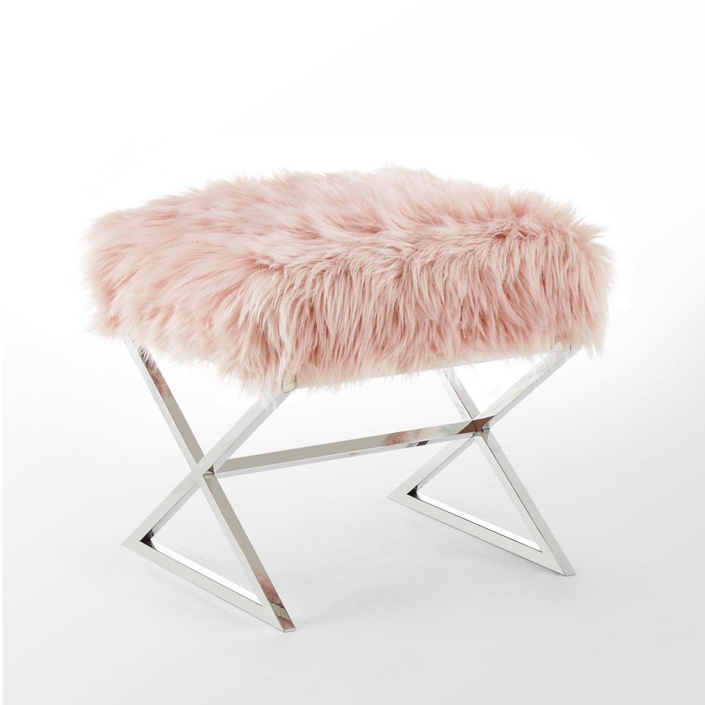 Oria Faux Fur X Leg Chrome or Gold Base Ottoman   Contemporary   Footstools And Ottomans   by Inspired Home  Houzz