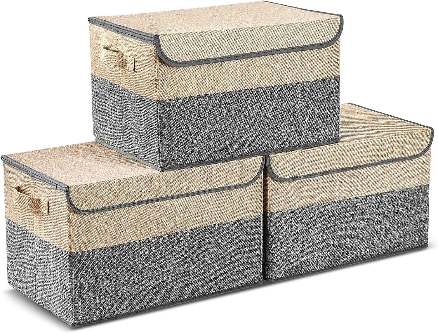 E-MANIS Storage Bins with Lids set of 3 Foldable Storage Boxes with Lids  for Toys,Clothes and Books (Grey and Beige)