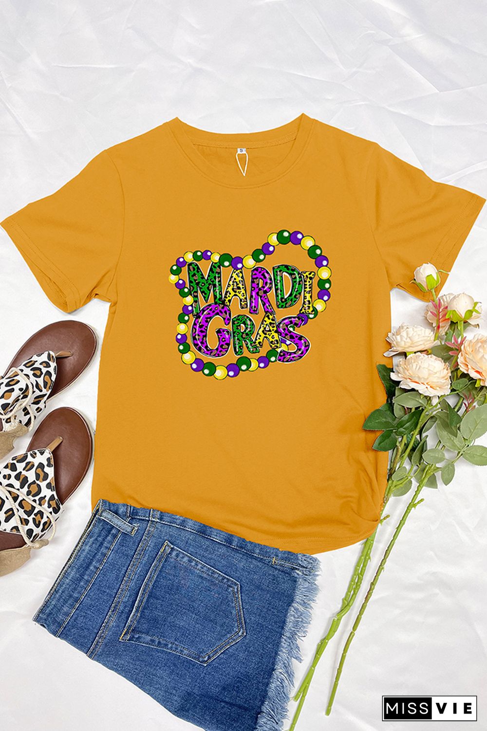 Mardi Gras Letter Print Short Sleeve Graphic Tee Wholesale