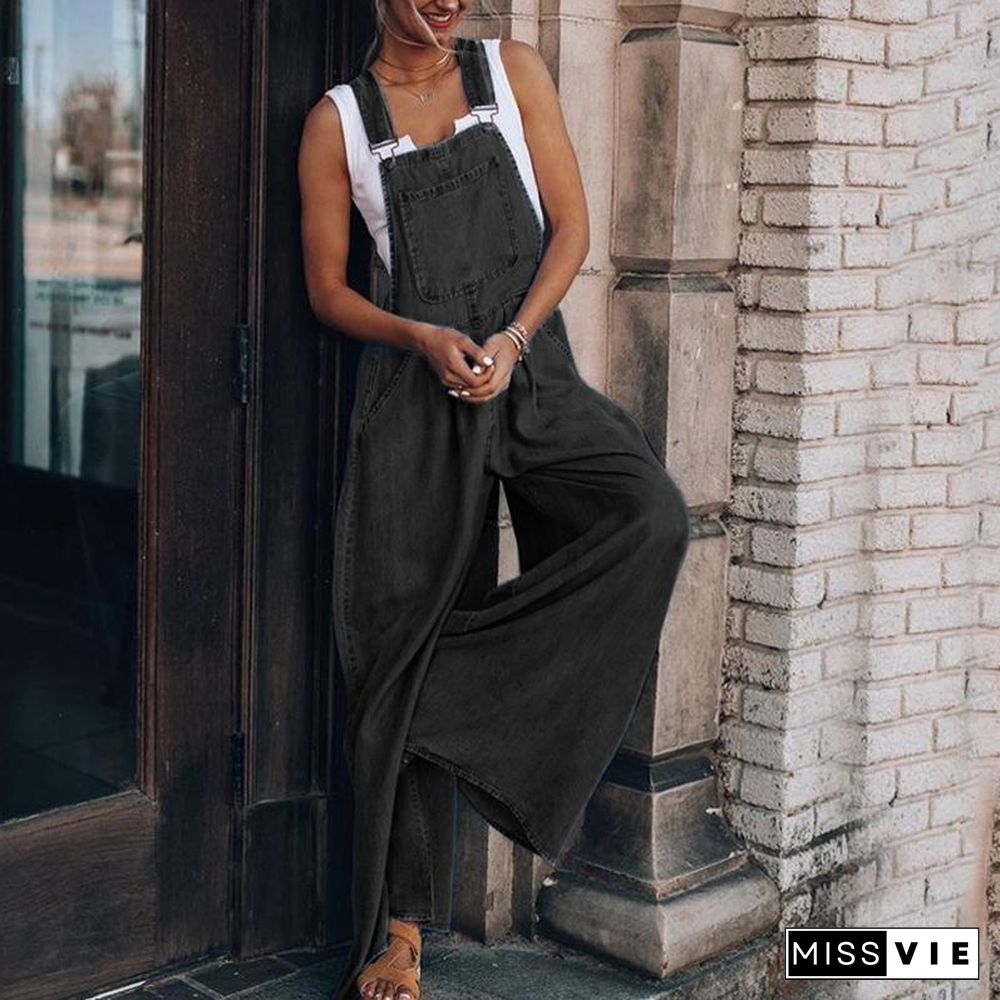 Denim Wide Leg Suspenders Jumpsuit