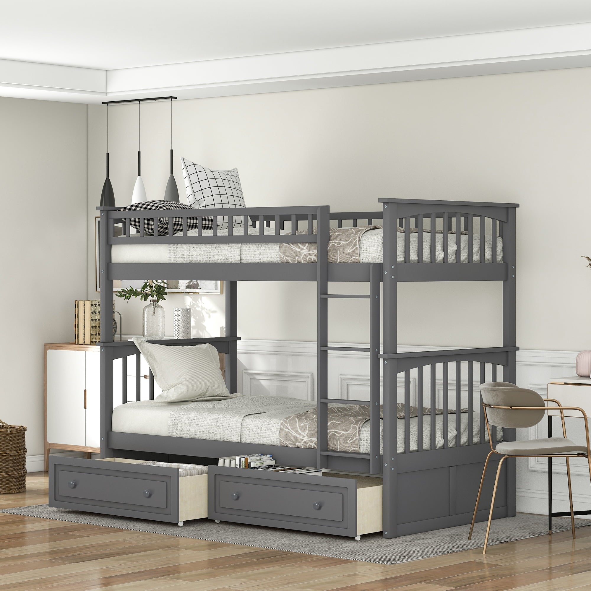 Euroco Pine Wood Bunk Bed With Storage, Twin-Over-Twin, Gray