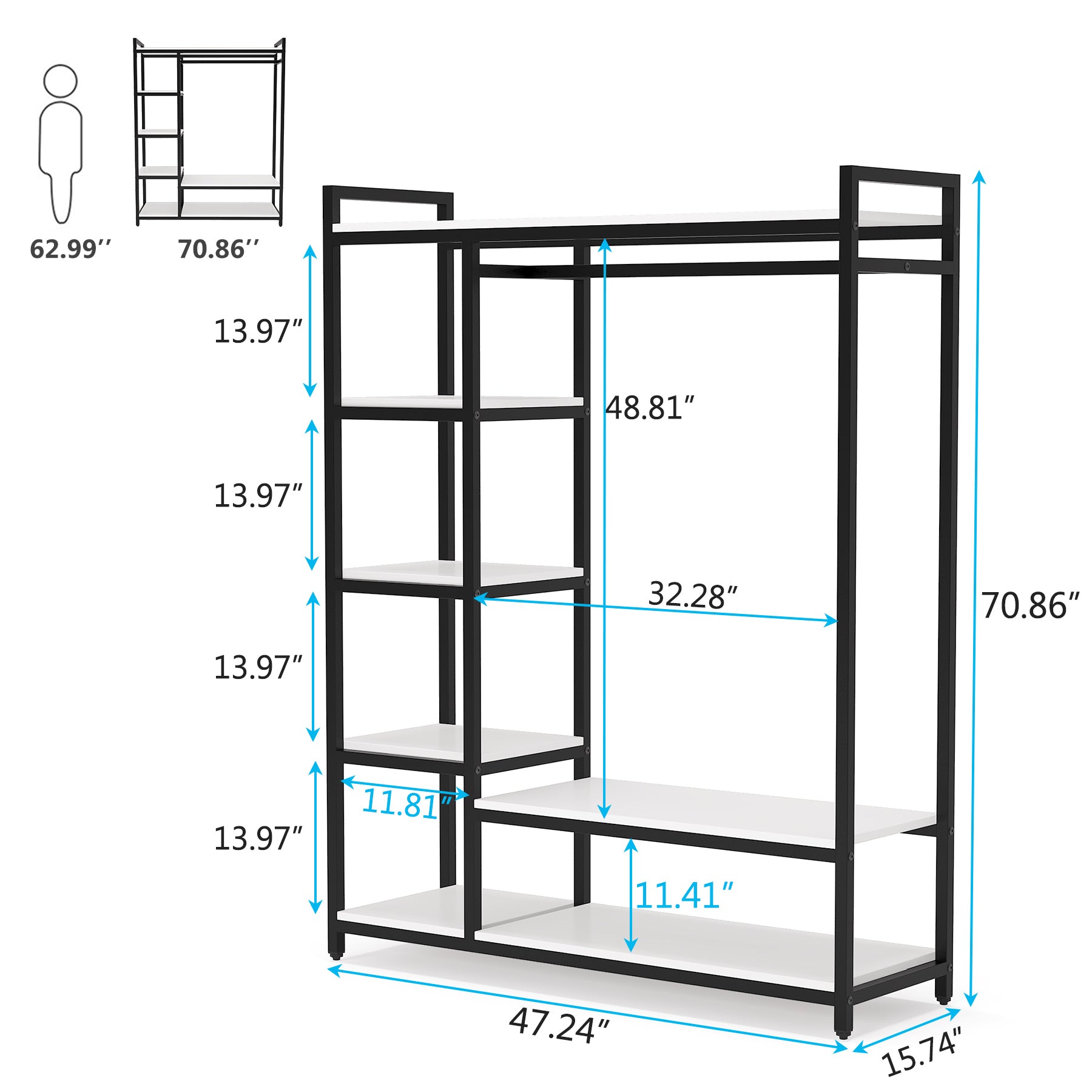 Tribesigns Free -Standing Wardrobe,  Heavy Duty Clothing Wardrobe Shelves Clothes Storage Organizer with Hanging Rail 6 Shelves Standing Garmen Rack for Bedroom