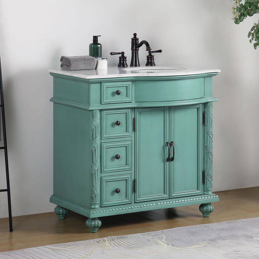 Silkroad Exclusive 36 in. W x 22 in. D x 36 in. H Freestanding Bath Vanity in Vintage Green with Carrara White Marble Top V0213NW36R