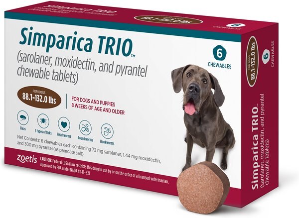 Simparica Trio Chewable Tablet for Dogs， 88.1-132.0 lbs， (Brown Box)