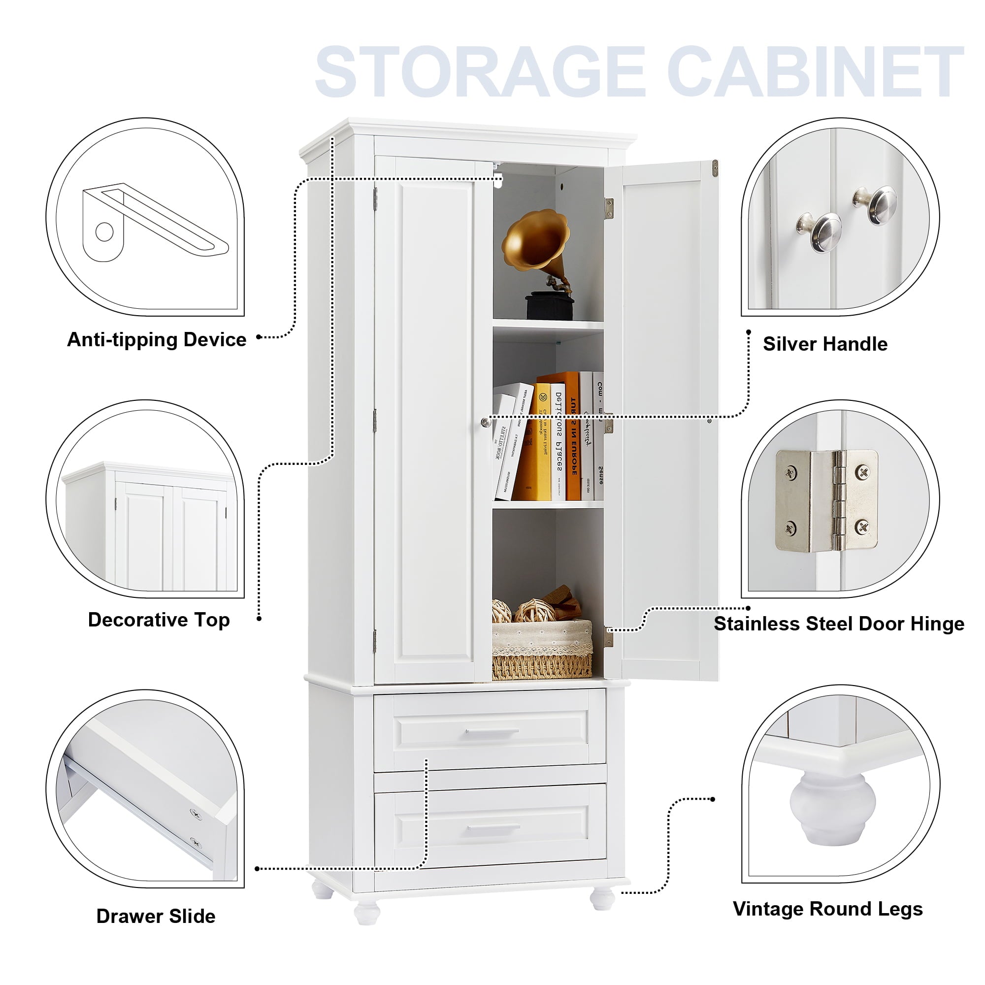 Bellemave Tall Storage Cabinet with Adjustable Shelves, Bathroom Cabinet, Wooden Storage Cabinet with 2 Drawers Storage Organizer Cupboard Floor Cabinet, White