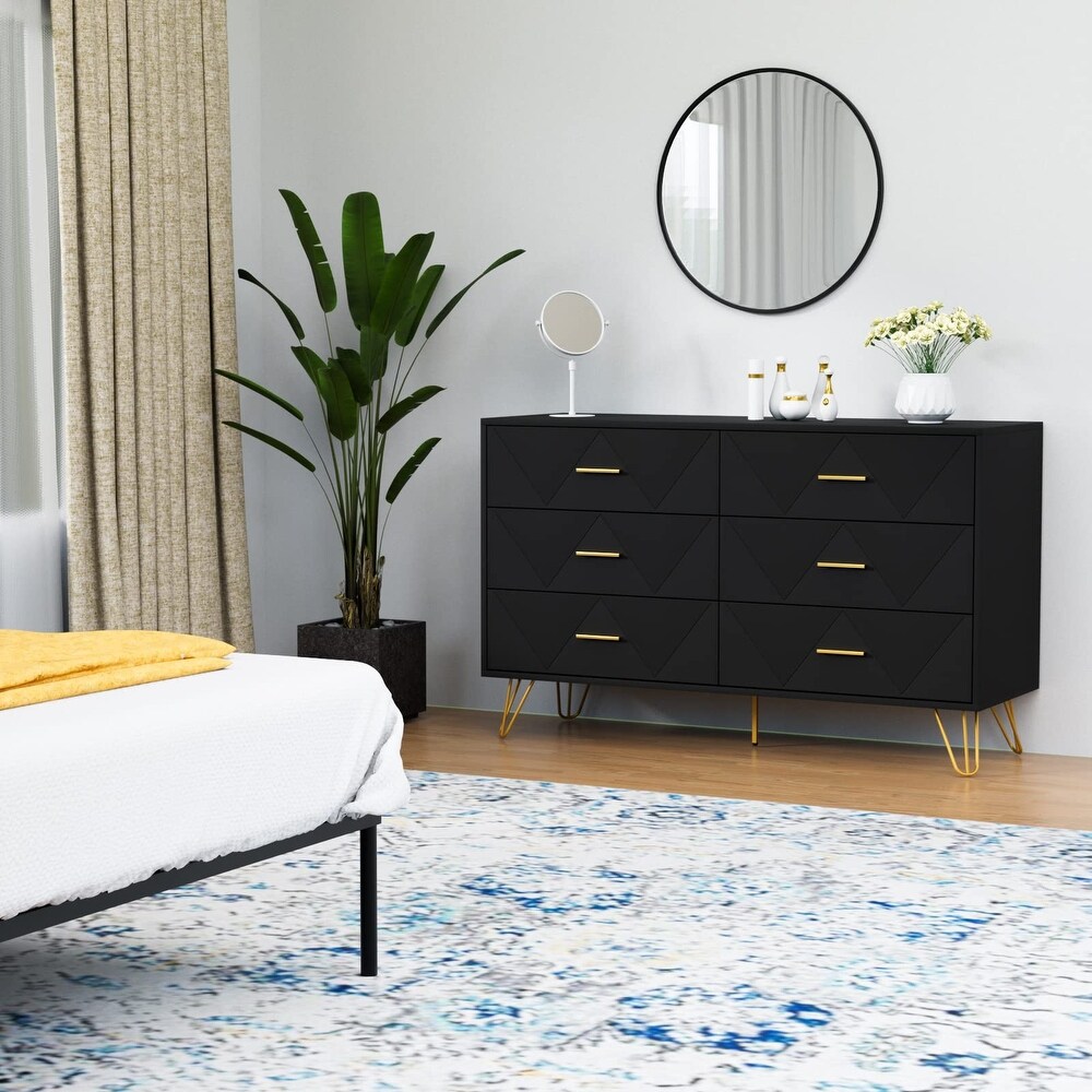 Black Dresser for Bedroom  Modern Dresser for Bedroom  6 Drawer Double Dresser with Drawers and Metal Handles  Wood Dressers