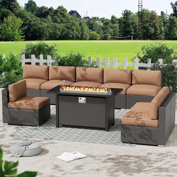 9Piece Outdoor Patio Furniture Sectional Sofa Set with Fire Pit Table