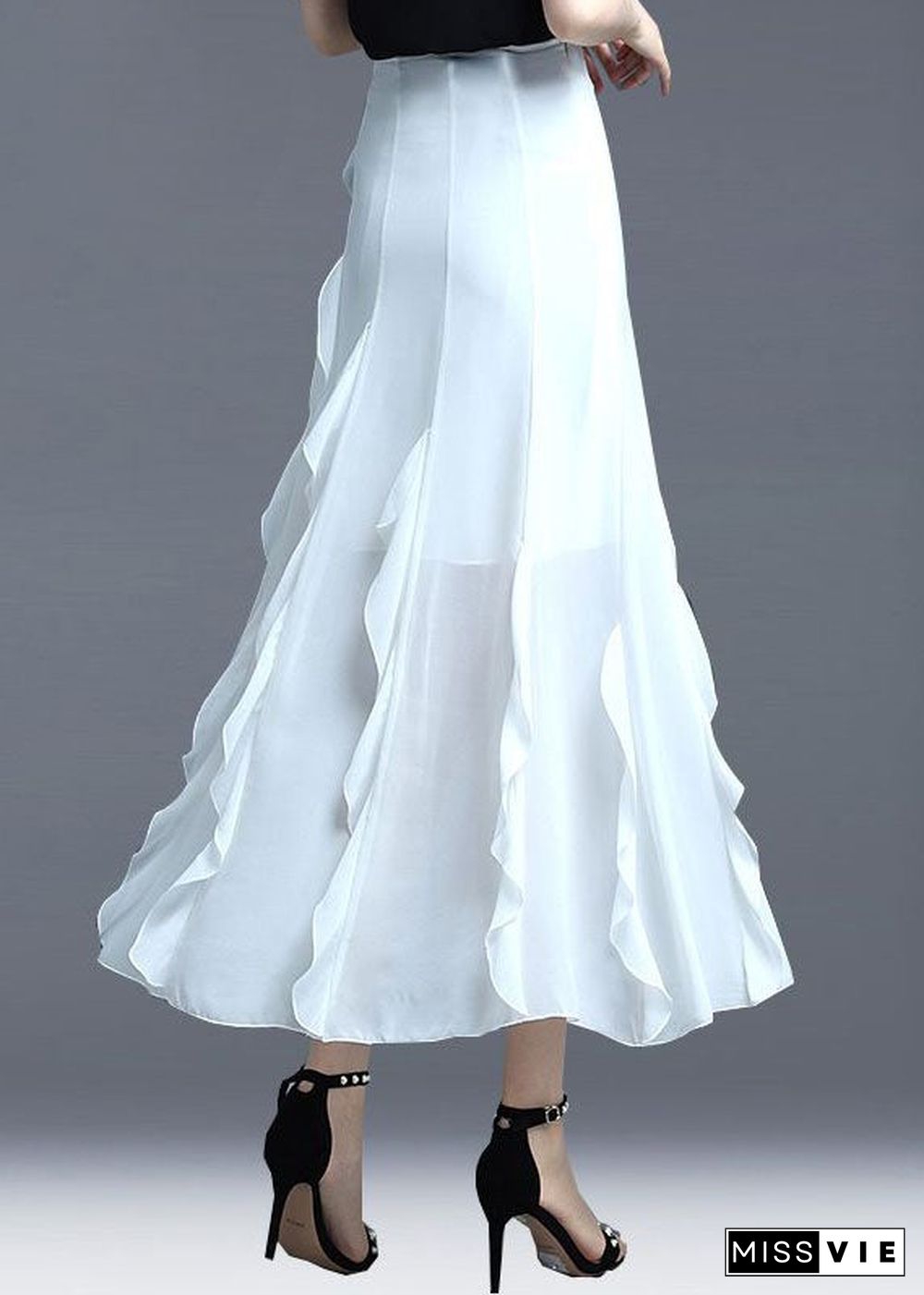 Fitted White Ruffled Patchwork Chiffon Skirts Summer