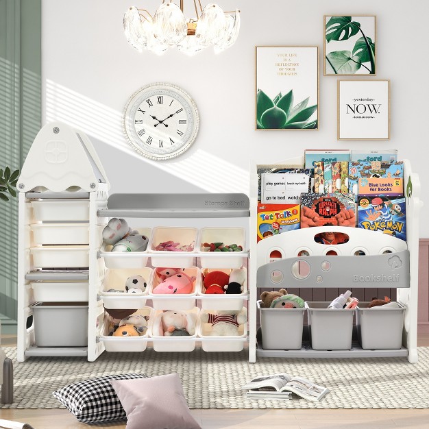 Multifunctional Kids Bookshelf With 17 Bins And 5 Bookshelves Children x27 s Toy Storage Organizer Modernluxe