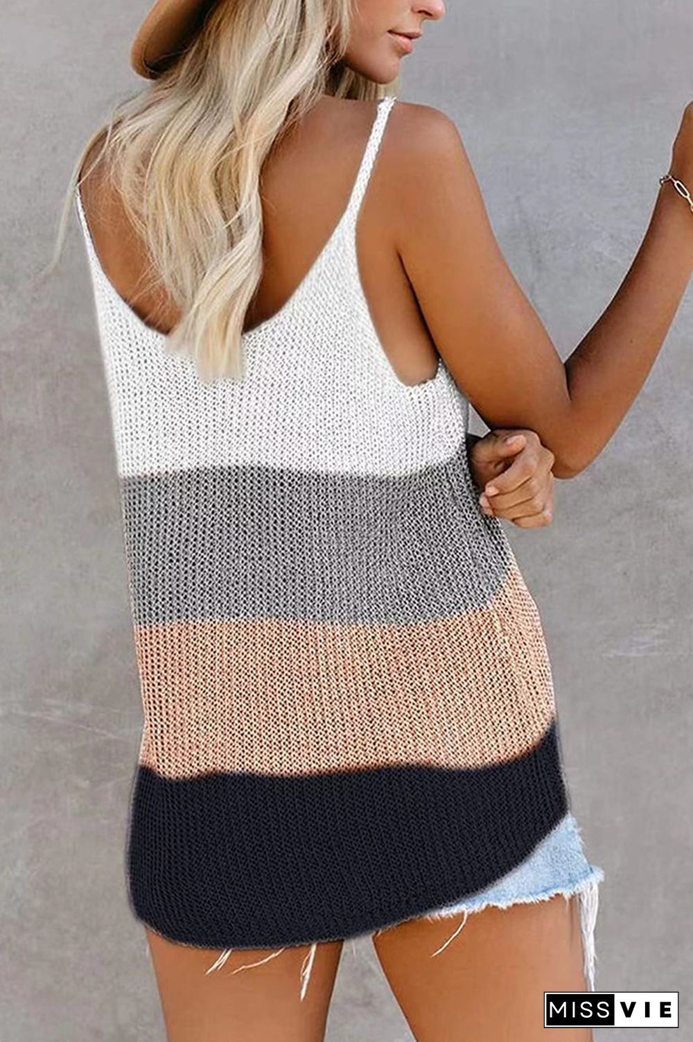 Color Block and Plain U Neck Knit Tank Top