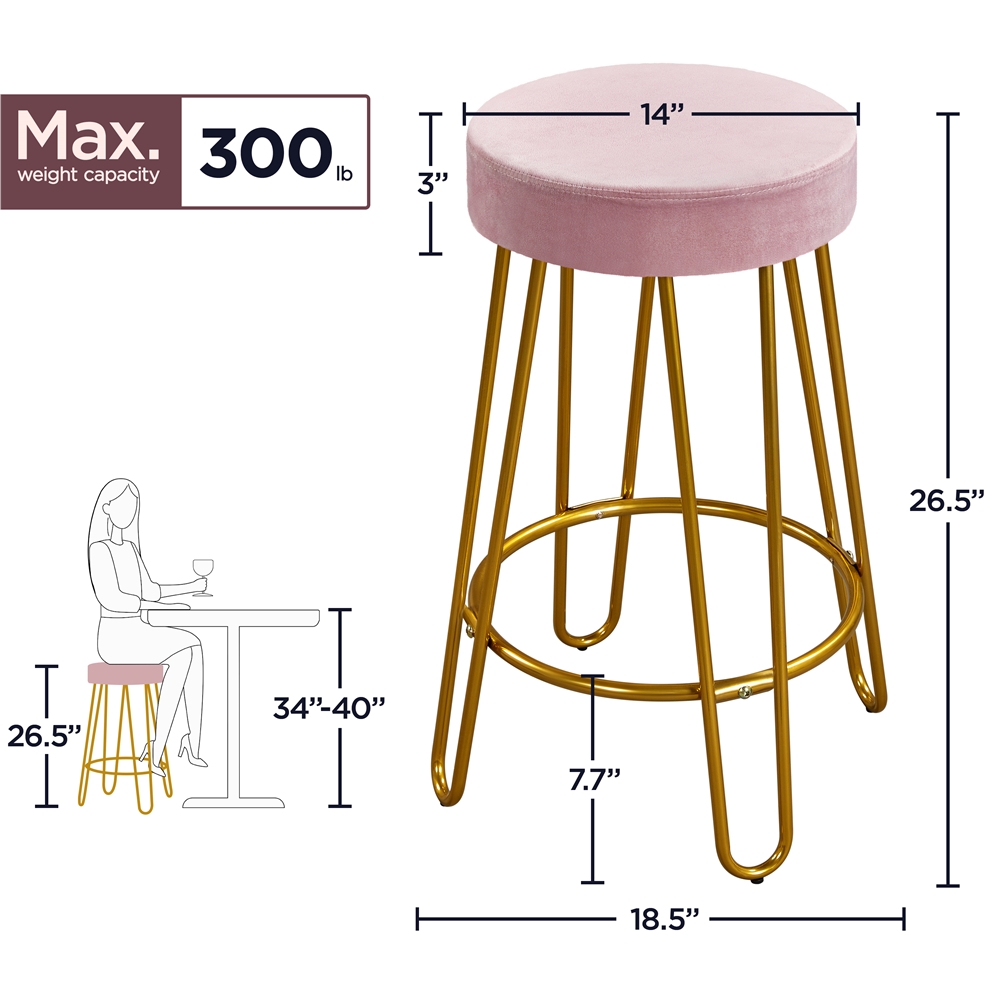 SmileMart 26.5 Upholstered Velvet Bar Stools for Kitchen， 2pcs， Pink with Gold