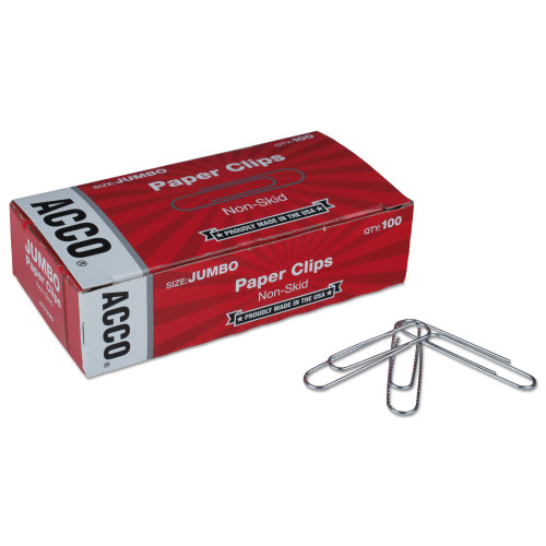 Acco Paper Clips， Jumbo， Nonskid， Silver， 100 Clips/Box， 10 Boxes/Pack (72585)