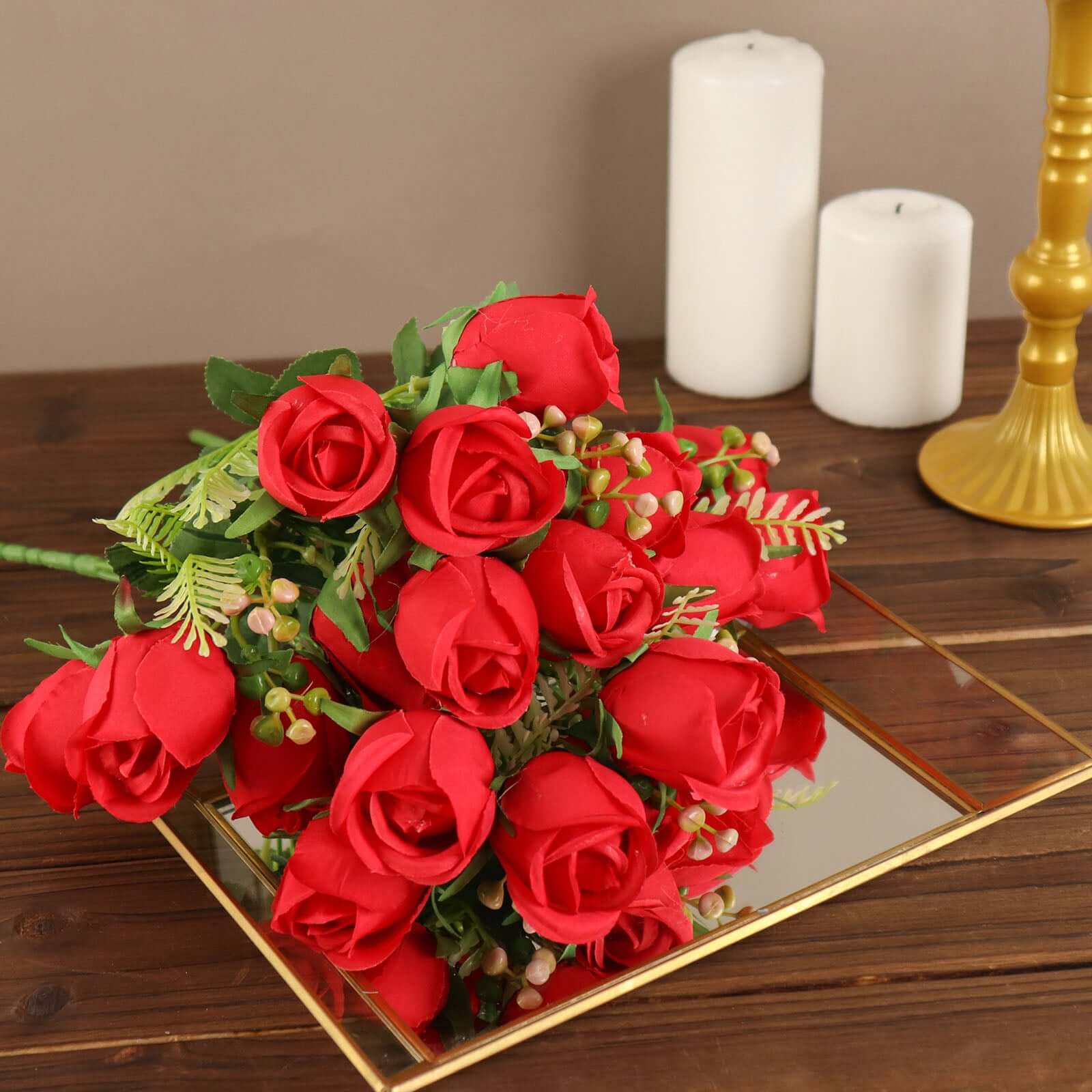 3 Pack Red Real Touch Artificial Rose Bud Flower Bridal Bouquets, Silk Floral Bush Arrangements 13