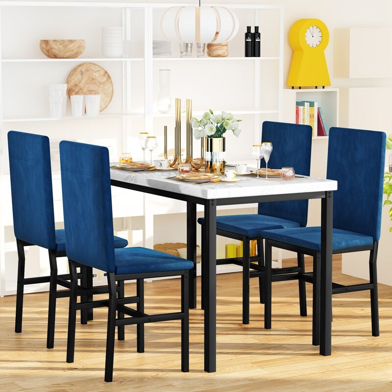 5 Piece Dining Table Set for 4  Kitchen Faux Marble Table Set with Velvet Chairs for Small Spaces  Breakfast Nook  Living Room