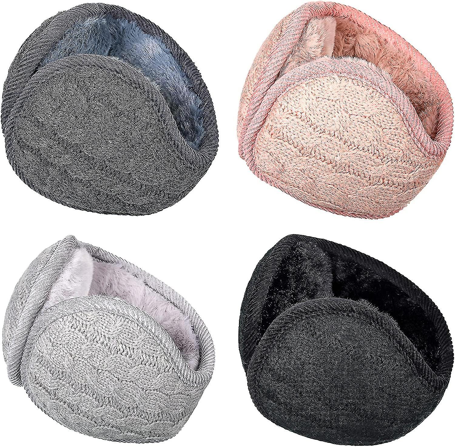 4 Pieces Unisex Warm Knit Earmuffs Furry Fleece Winter Ear Muffs Foldable Ear Covers Soft Pure Color Ear Warmer For Women Men Outdoor Activities