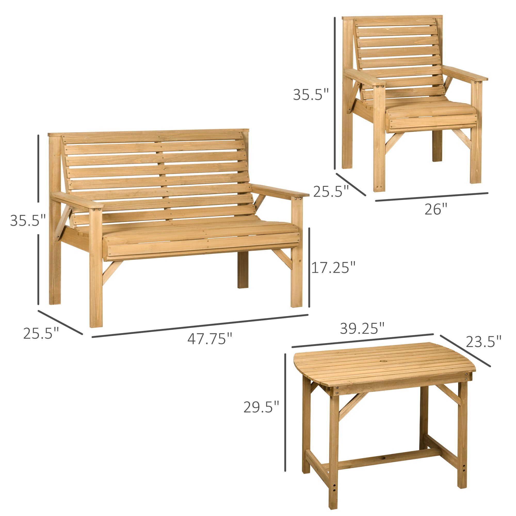 Outsunny 5 Piece Patio Dining Set Table and Chairs, 2 Chairs, 2 Loveseats, & Dining Table w/ Umbrella Hole, Wooden Outdoor Table and Chairs Conversation Set for Backyard, Pool, Garden, Brown